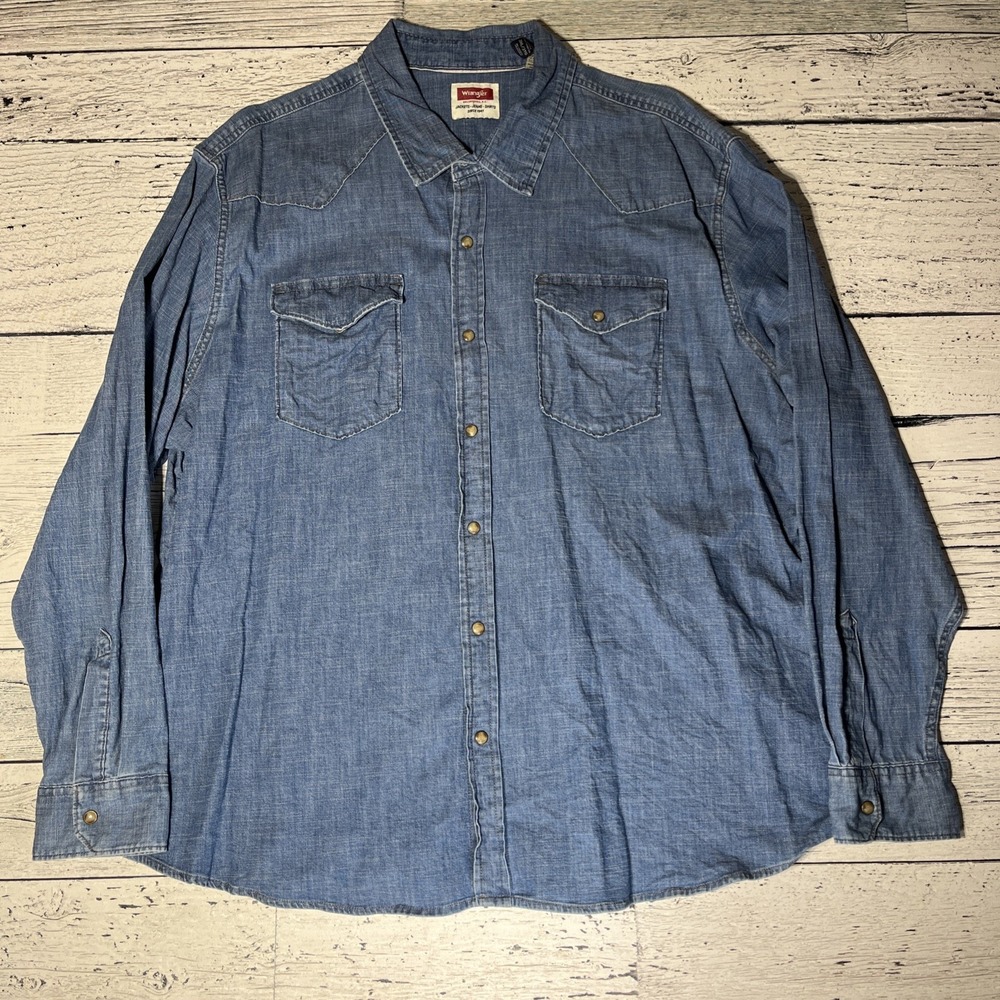 Wrangler Pearl Snap‎ Jean Shirt Mens 3XL Blue Western Cowboy Denim Indigo